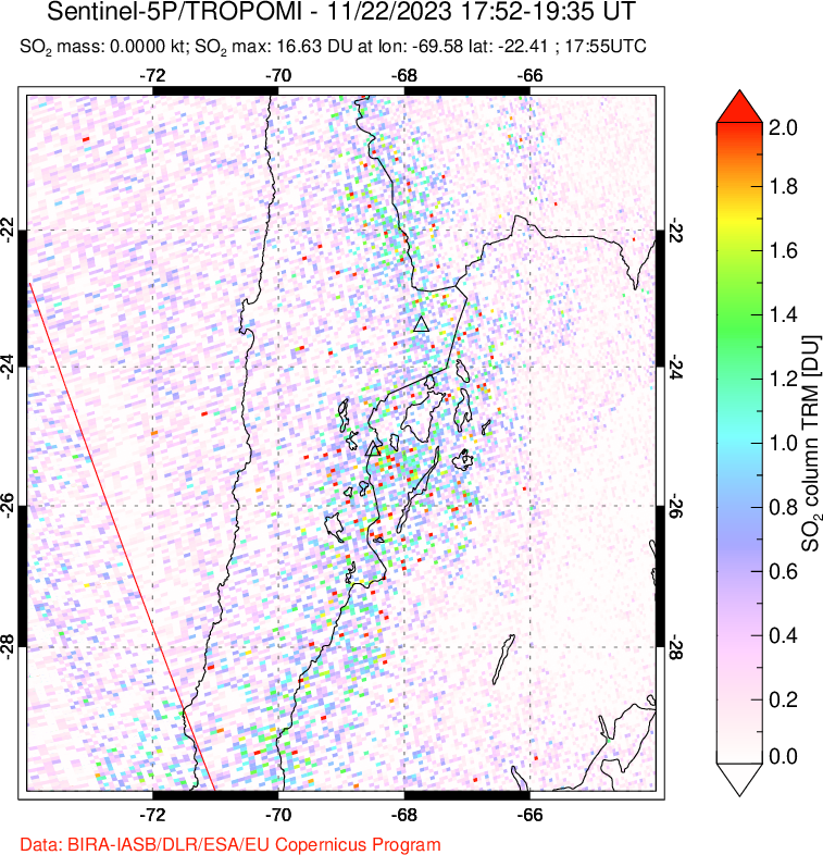 A sulfur dioxide image over Northern Chile on Nov 22, 2023.