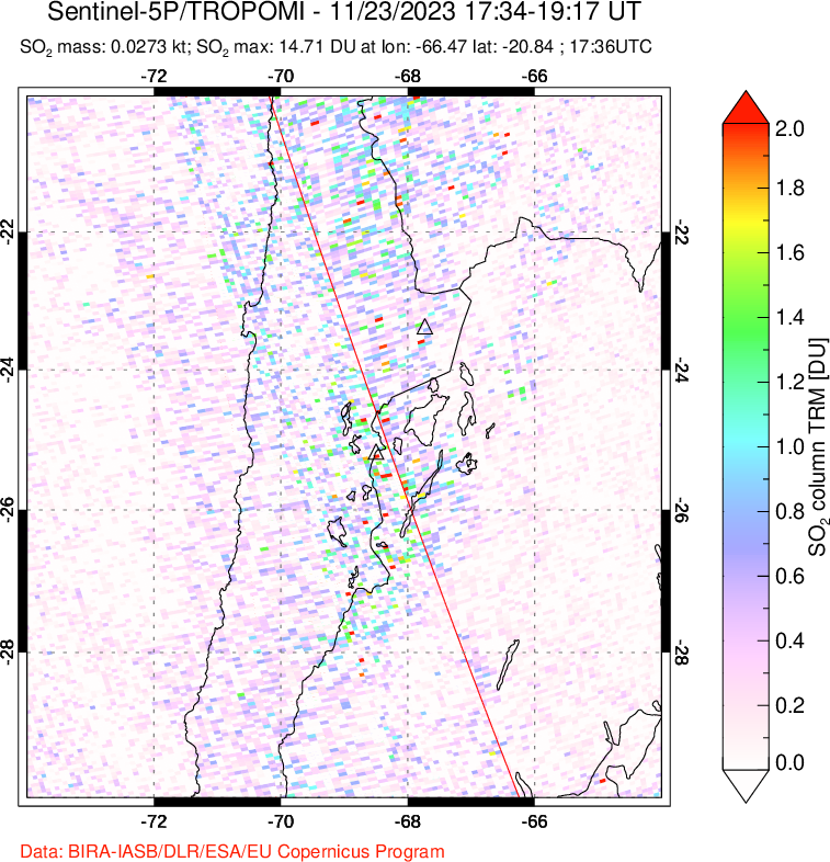 A sulfur dioxide image over Northern Chile on Nov 23, 2023.