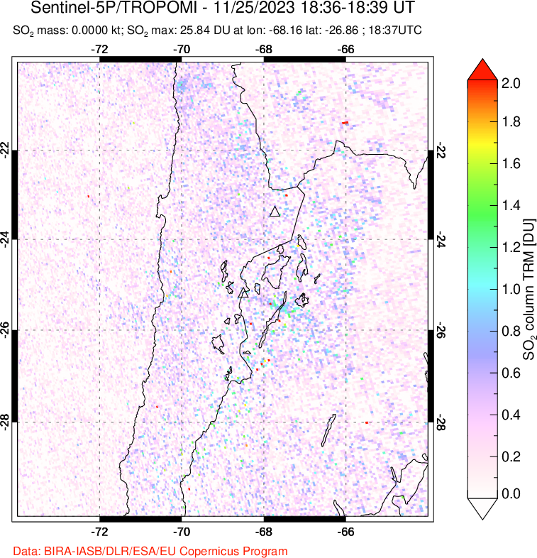 A sulfur dioxide image over Northern Chile on Nov 25, 2023.