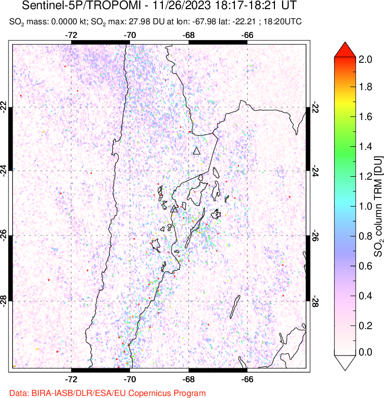 A sulfur dioxide image over Northern Chile on Nov 26, 2023.