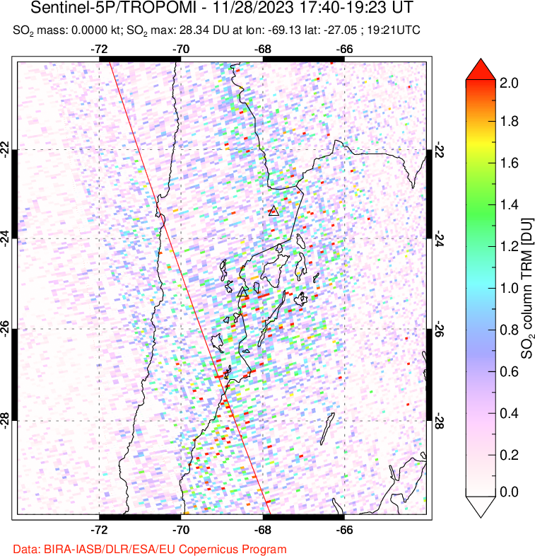 A sulfur dioxide image over Northern Chile on Nov 28, 2023.