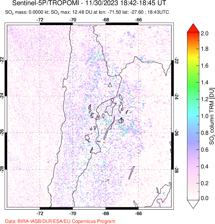 A sulfur dioxide image over Northern Chile on Nov 30, 2023.