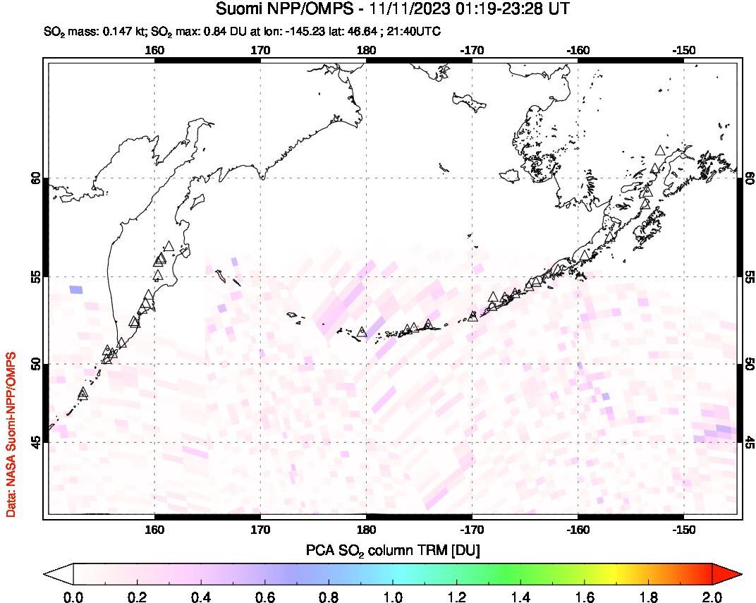 A sulfur dioxide image over North Pacific on Nov 11, 2023.