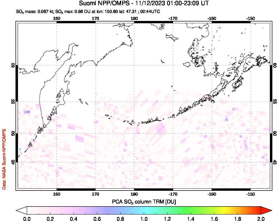 A sulfur dioxide image over North Pacific on Nov 12, 2023.