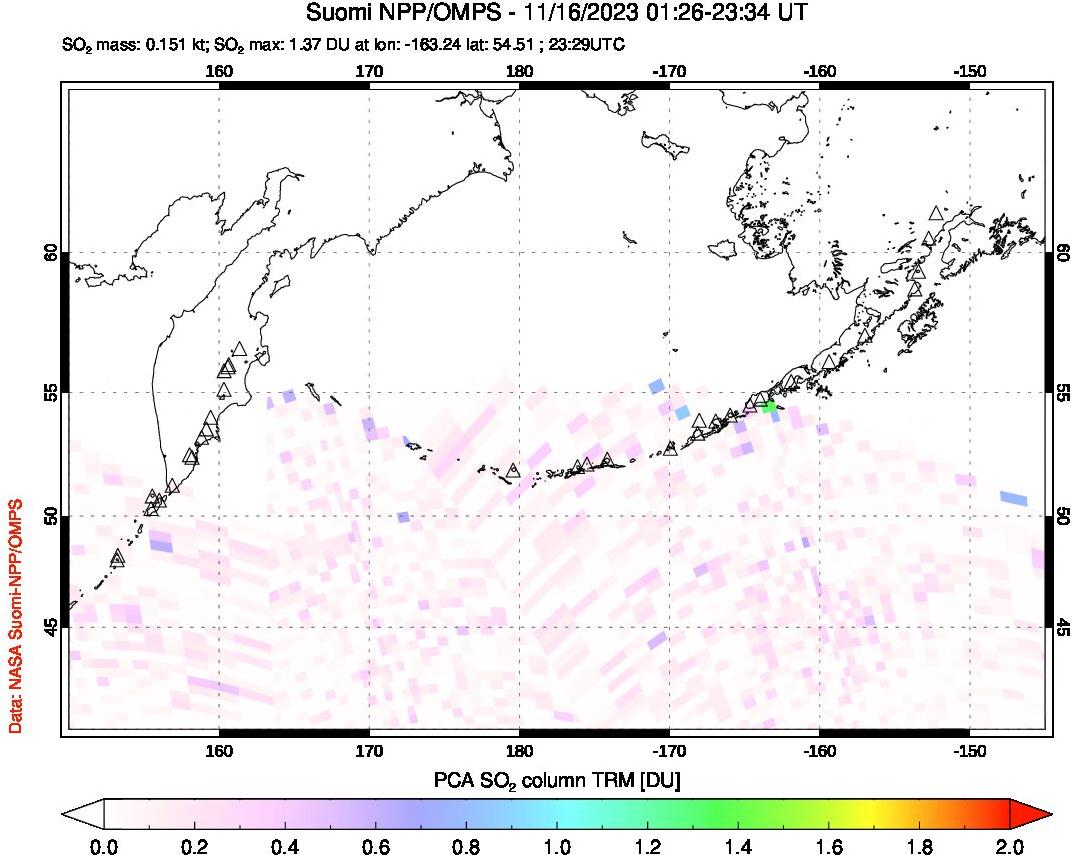 A sulfur dioxide image over North Pacific on Nov 16, 2023.
