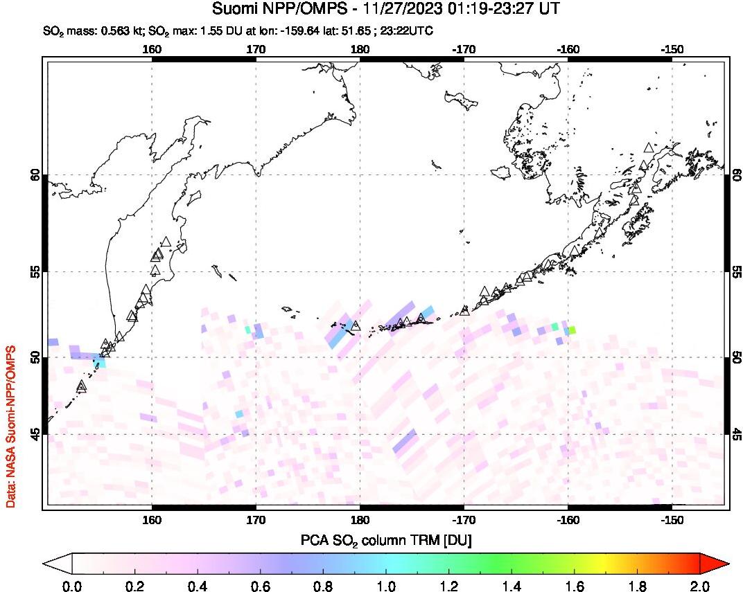 A sulfur dioxide image over North Pacific on Nov 27, 2023.