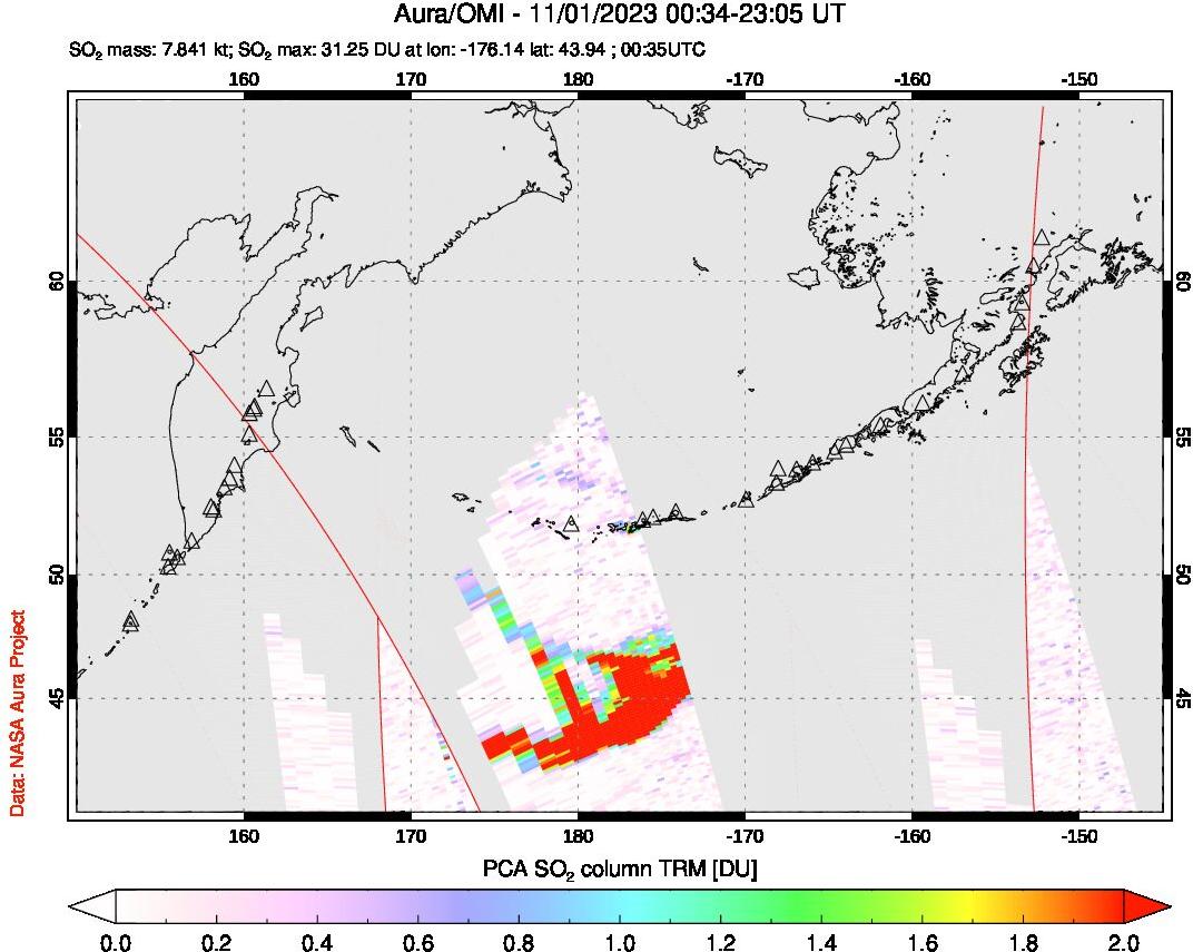 A sulfur dioxide image over North Pacific on Nov 01, 2023.