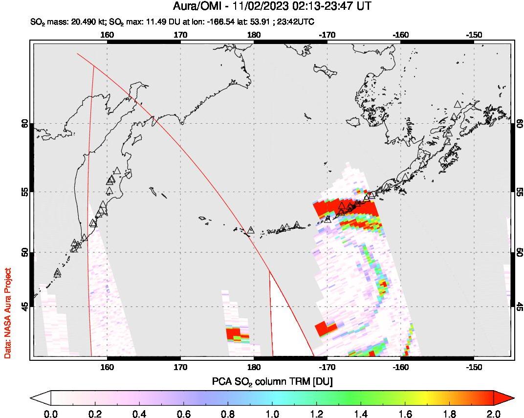 A sulfur dioxide image over North Pacific on Nov 02, 2023.