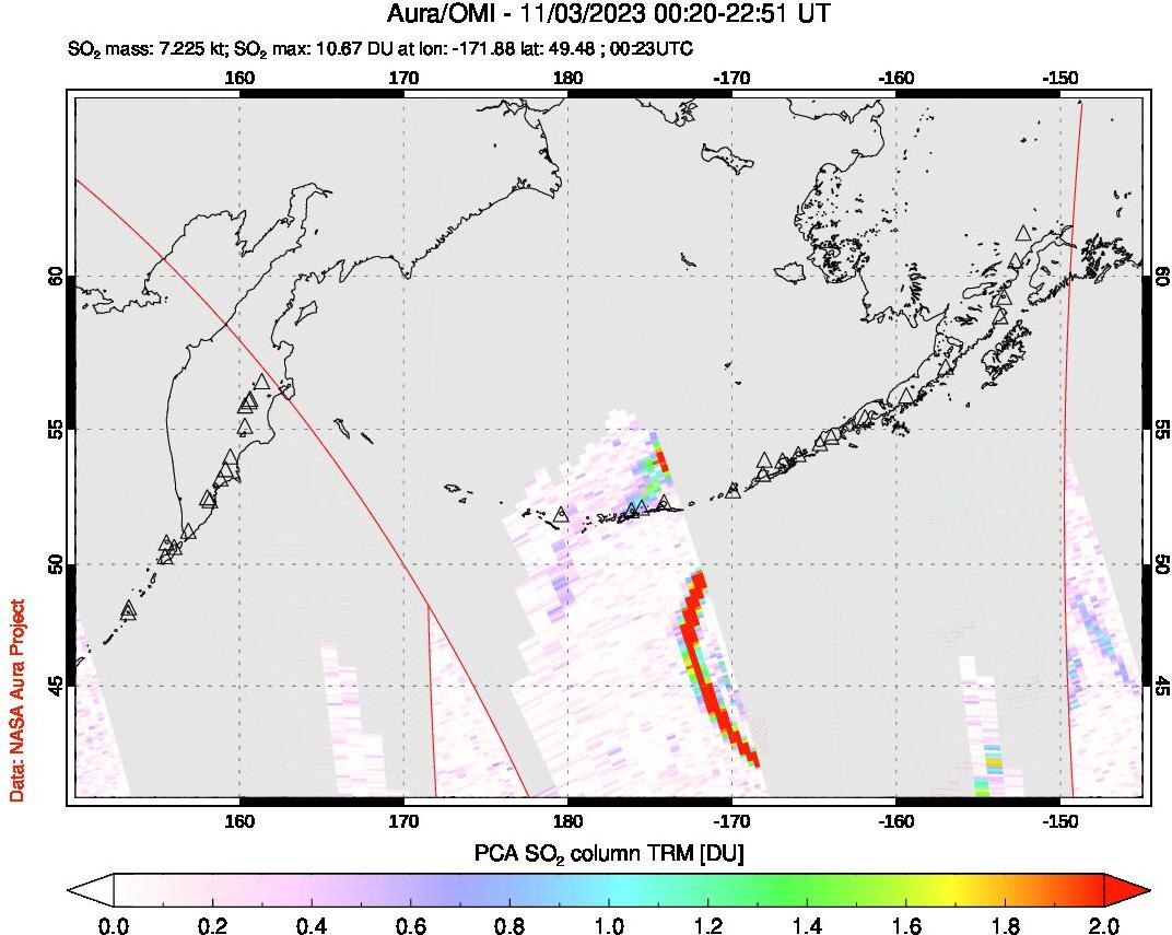 A sulfur dioxide image over North Pacific on Nov 03, 2023.