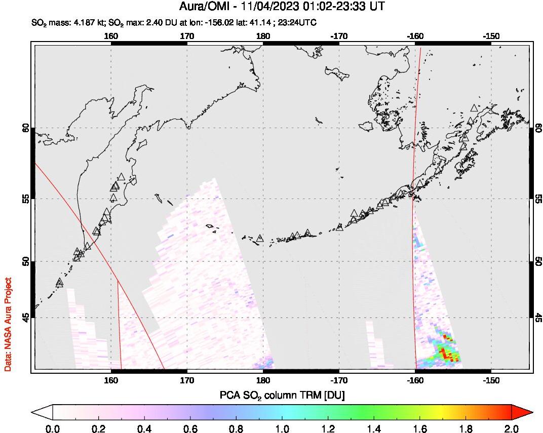 A sulfur dioxide image over North Pacific on Nov 04, 2023.