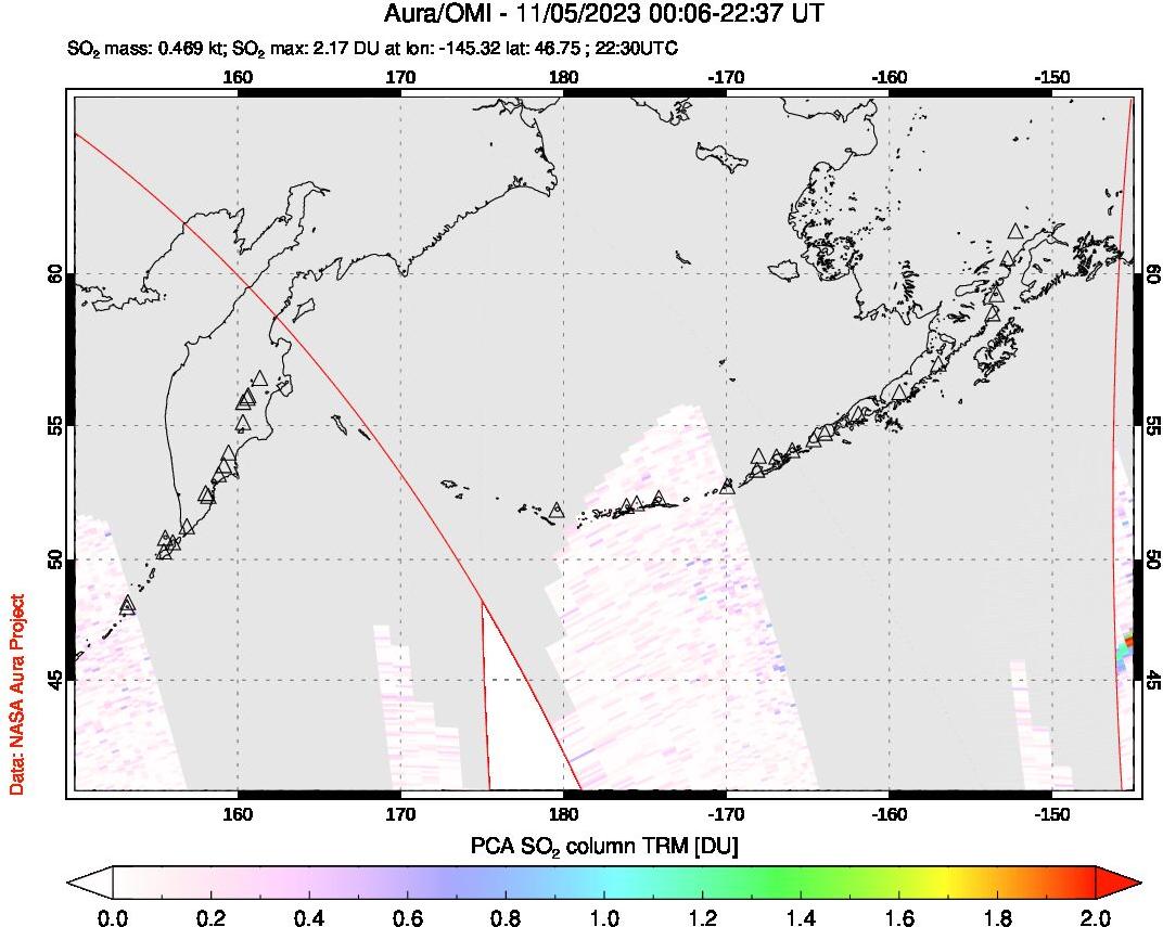 A sulfur dioxide image over North Pacific on Nov 05, 2023.