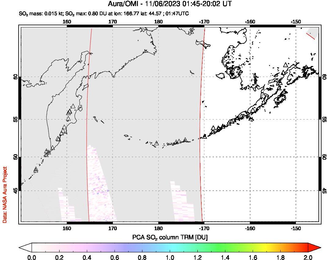 A sulfur dioxide image over North Pacific on Nov 06, 2023.