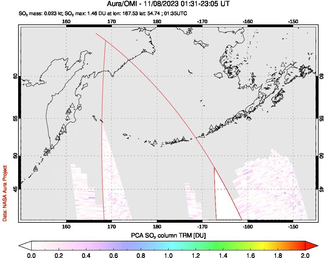 A sulfur dioxide image over North Pacific on Nov 08, 2023.