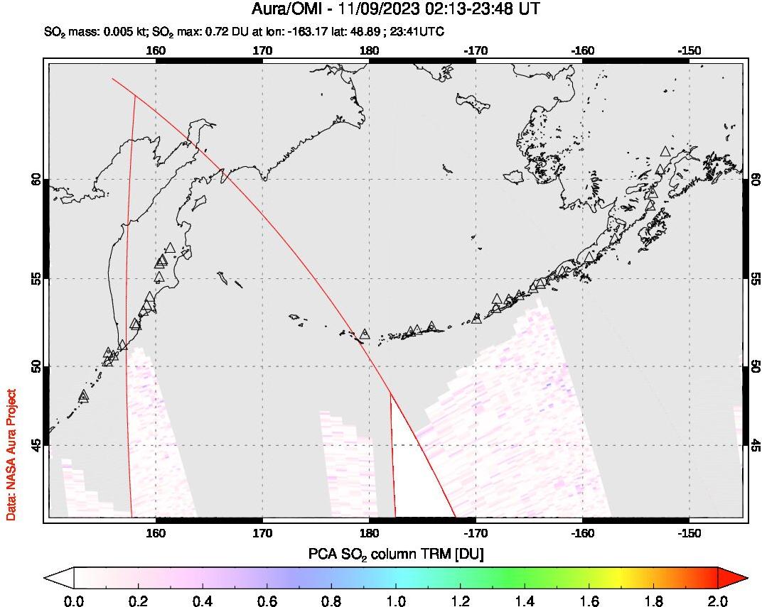 A sulfur dioxide image over North Pacific on Nov 09, 2023.