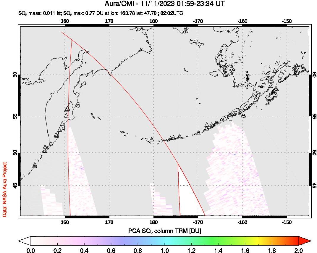 A sulfur dioxide image over North Pacific on Nov 11, 2023.