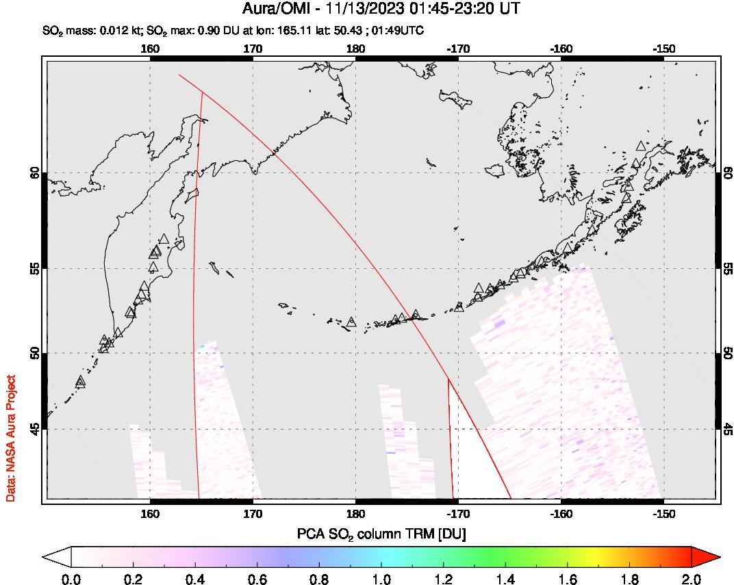 A sulfur dioxide image over North Pacific on Nov 13, 2023.