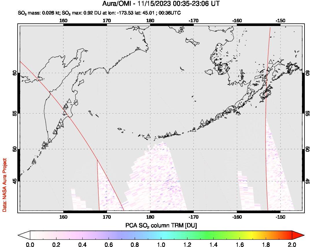 A sulfur dioxide image over North Pacific on Nov 15, 2023.