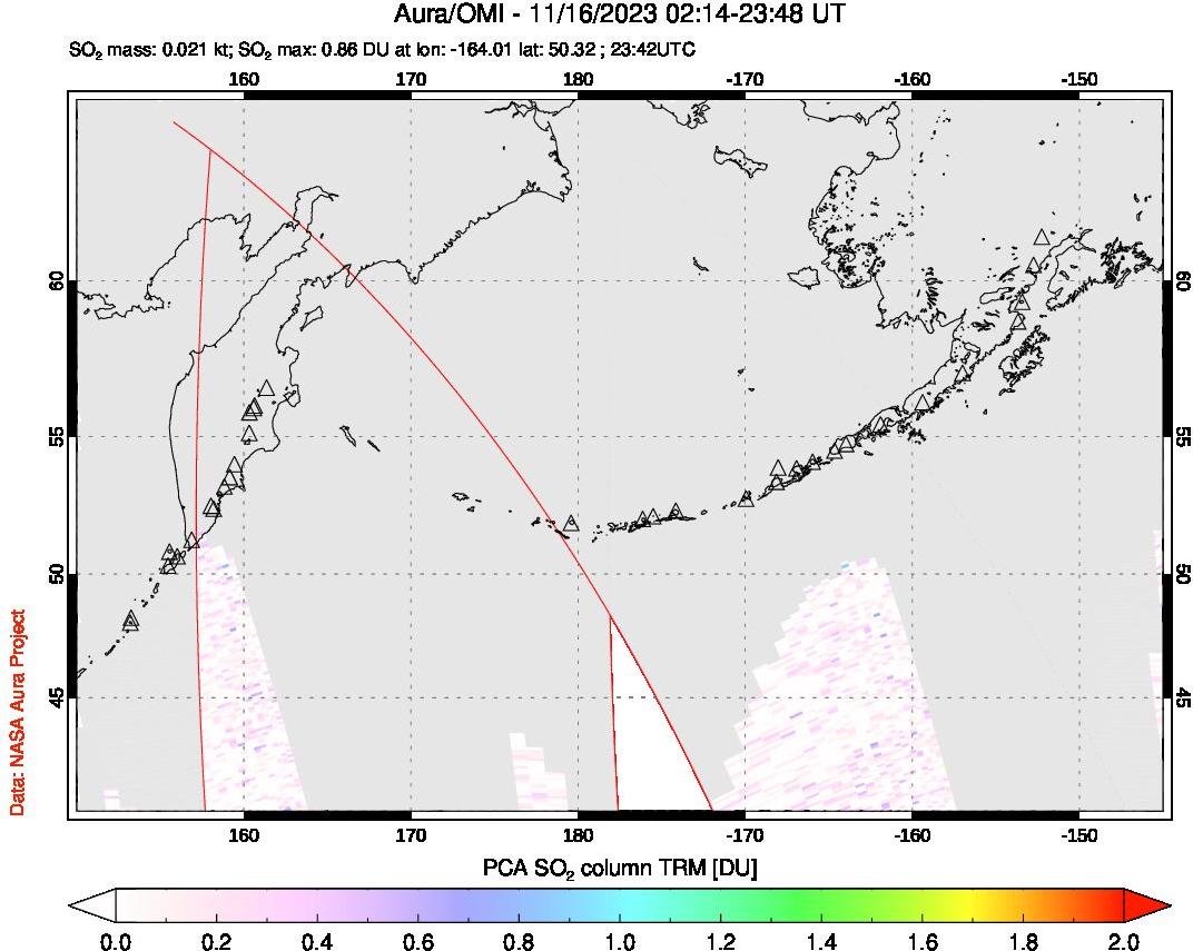 A sulfur dioxide image over North Pacific on Nov 16, 2023.