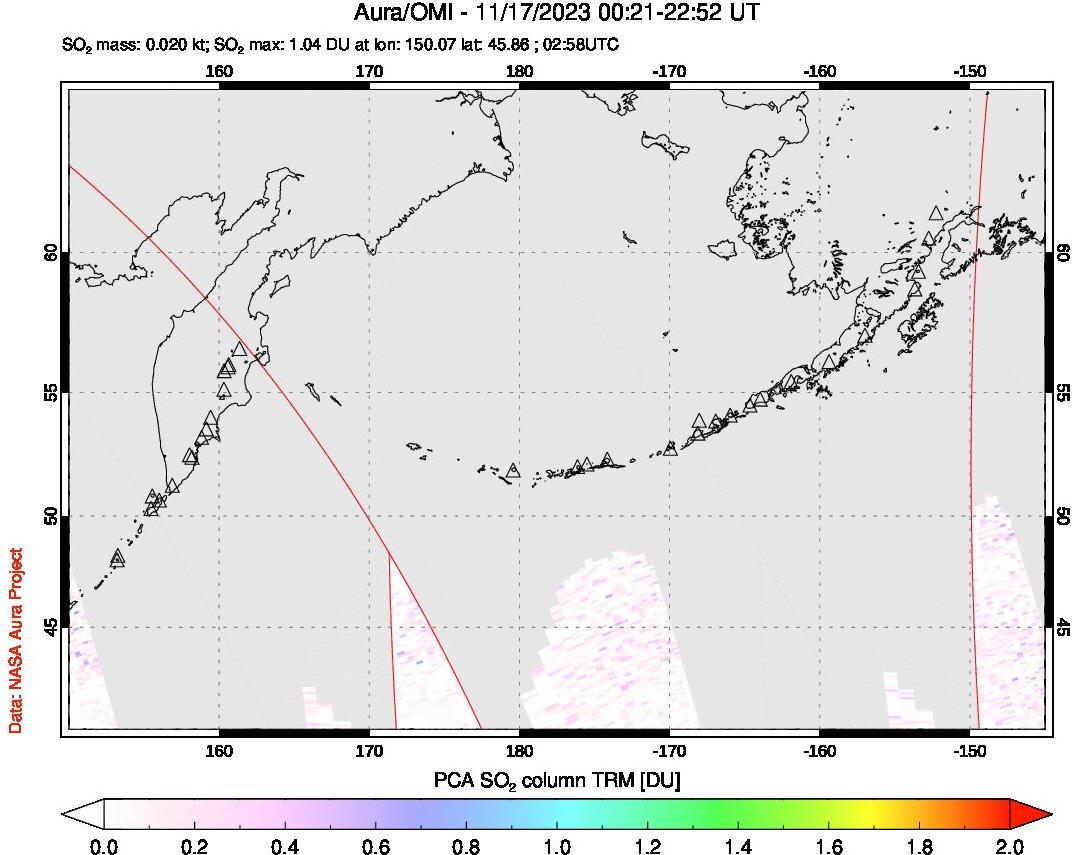 A sulfur dioxide image over North Pacific on Nov 17, 2023.