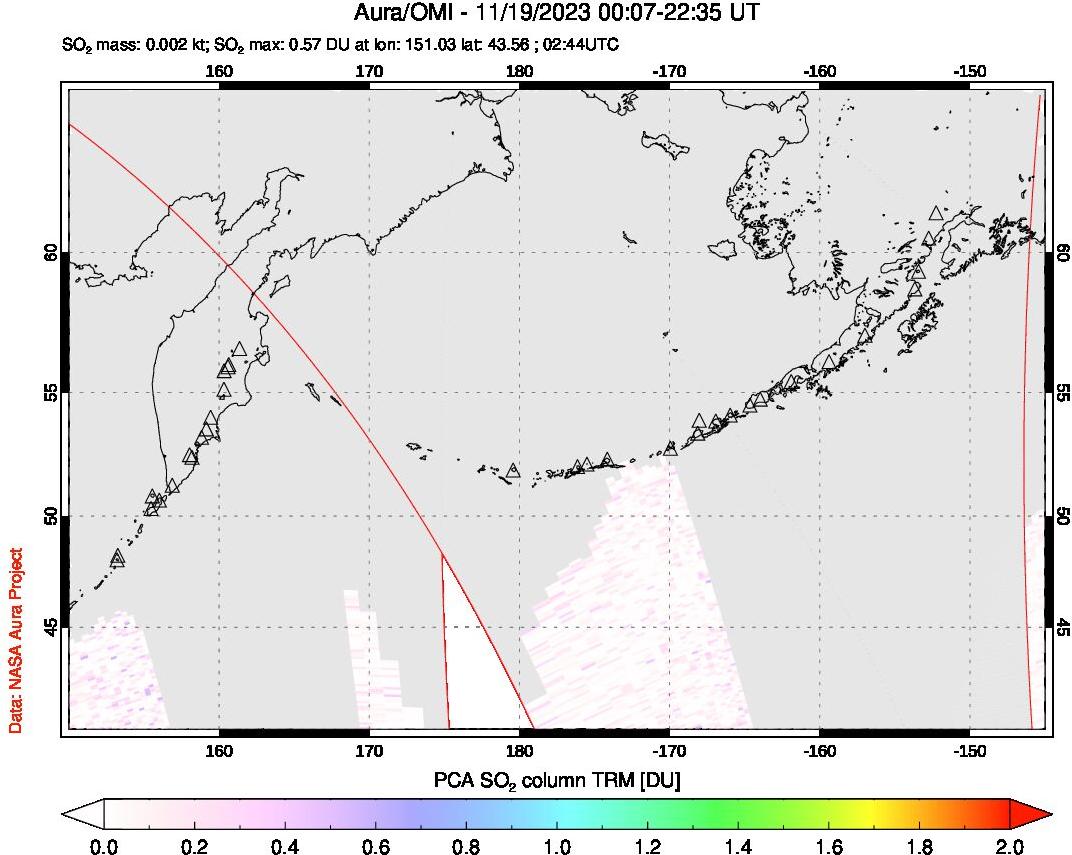 A sulfur dioxide image over North Pacific on Nov 19, 2023.