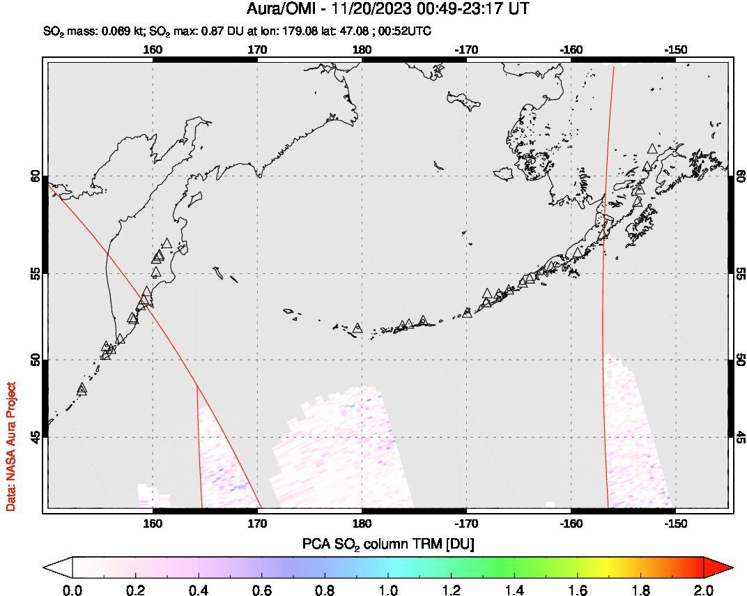 A sulfur dioxide image over North Pacific on Nov 20, 2023.