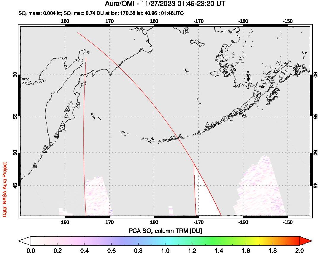 A sulfur dioxide image over North Pacific on Nov 27, 2023.