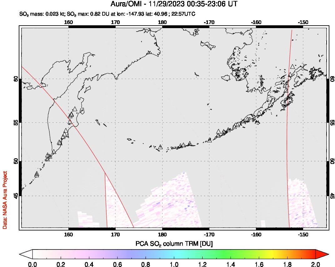 A sulfur dioxide image over North Pacific on Nov 29, 2023.