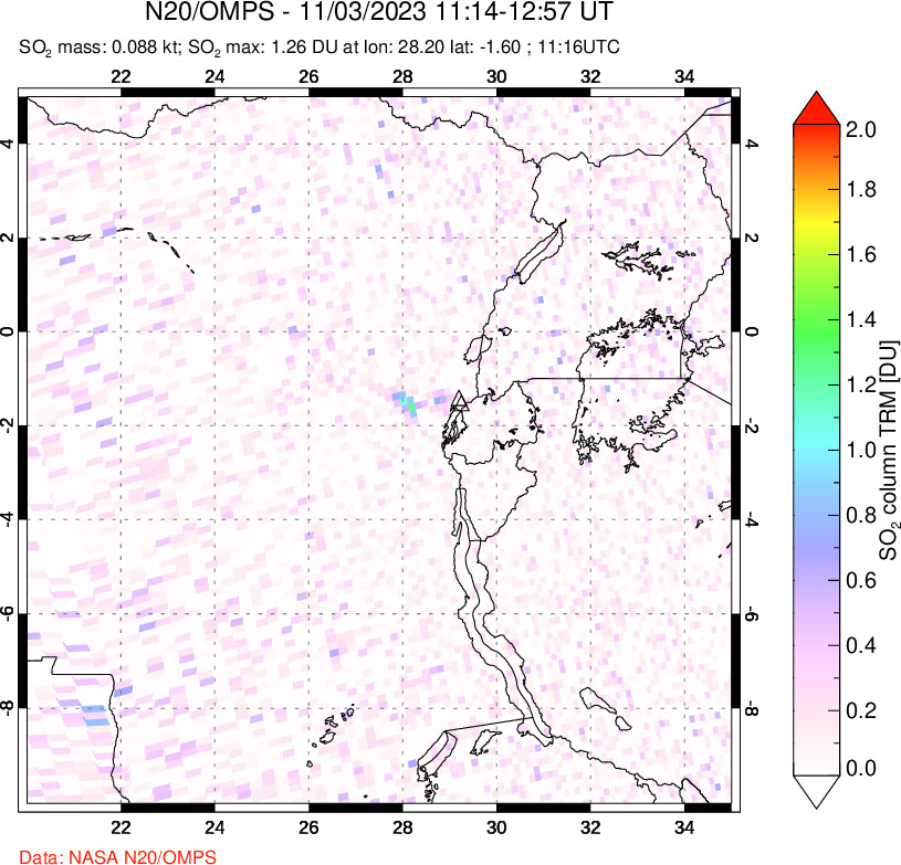 A sulfur dioxide image over Nyiragongo, DR Congo on Nov 03, 2023.