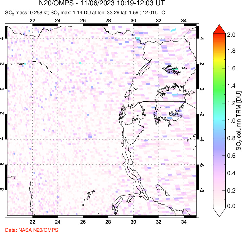 A sulfur dioxide image over Nyiragongo, DR Congo on Nov 06, 2023.