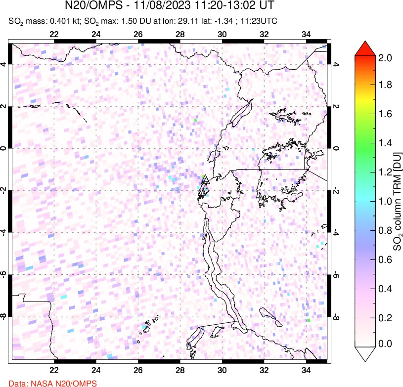 A sulfur dioxide image over Nyiragongo, DR Congo on Nov 08, 2023.