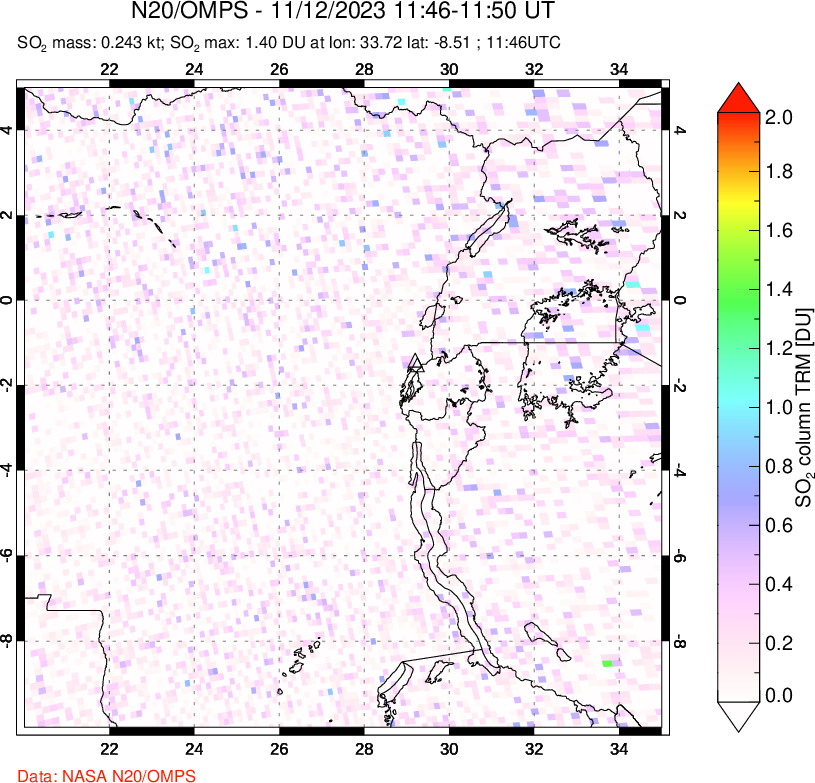 A sulfur dioxide image over Nyiragongo, DR Congo on Nov 12, 2023.