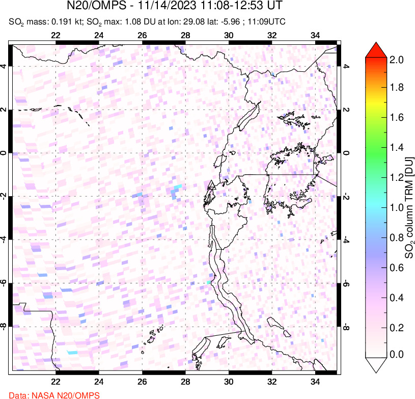 A sulfur dioxide image over Nyiragongo, DR Congo on Nov 14, 2023.