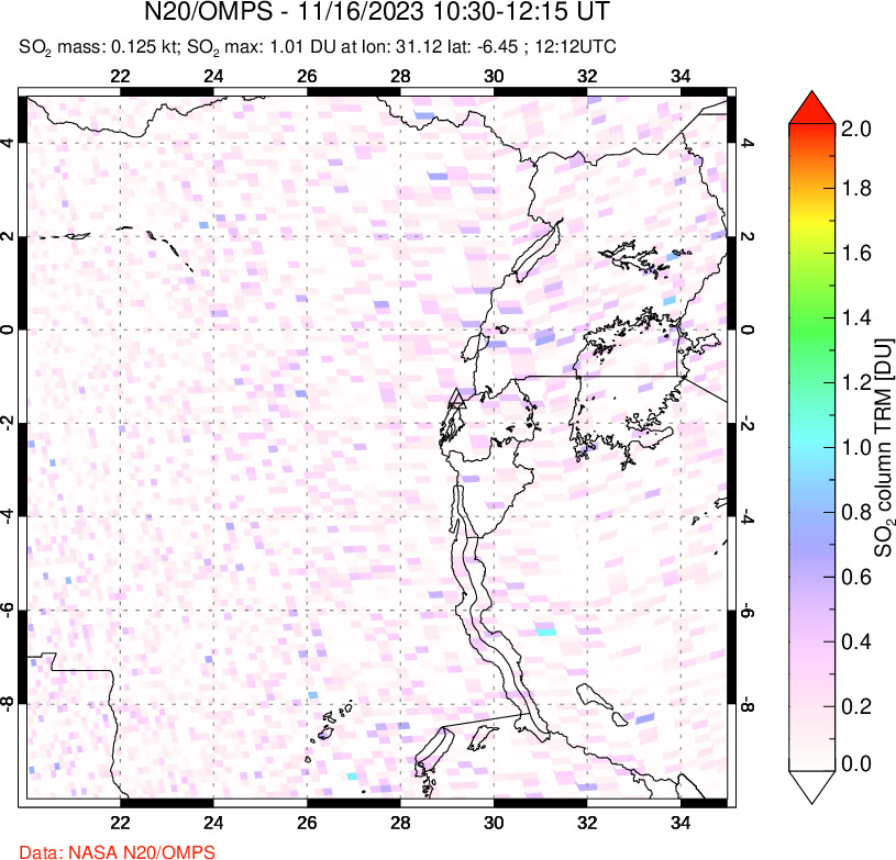 A sulfur dioxide image over Nyiragongo, DR Congo on Nov 16, 2023.