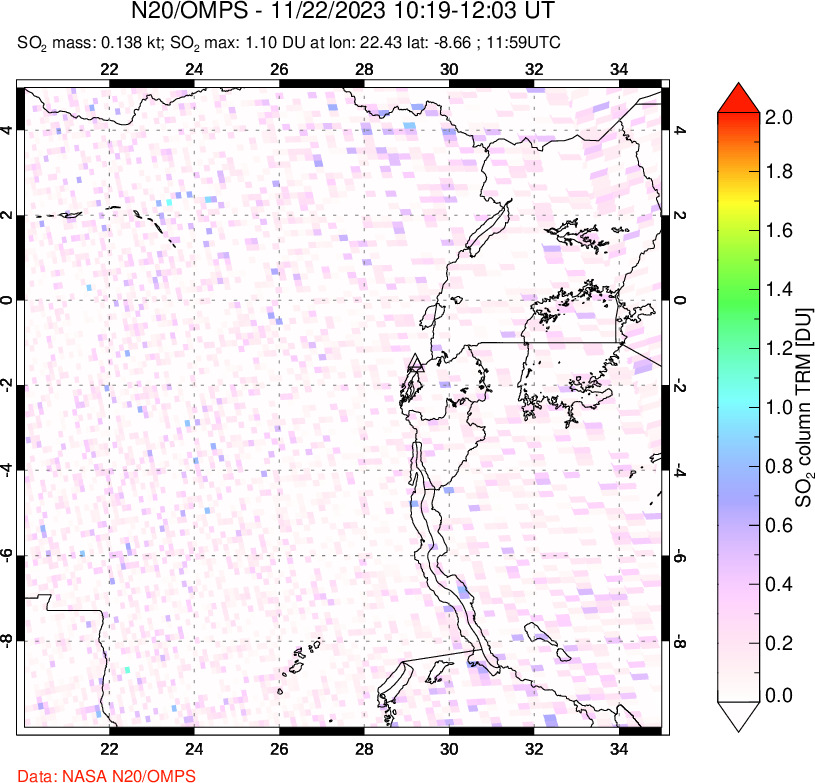 A sulfur dioxide image over Nyiragongo, DR Congo on Nov 22, 2023.