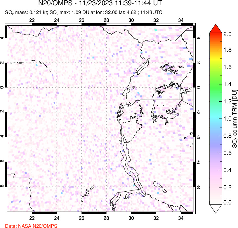 A sulfur dioxide image over Nyiragongo, DR Congo on Nov 23, 2023.