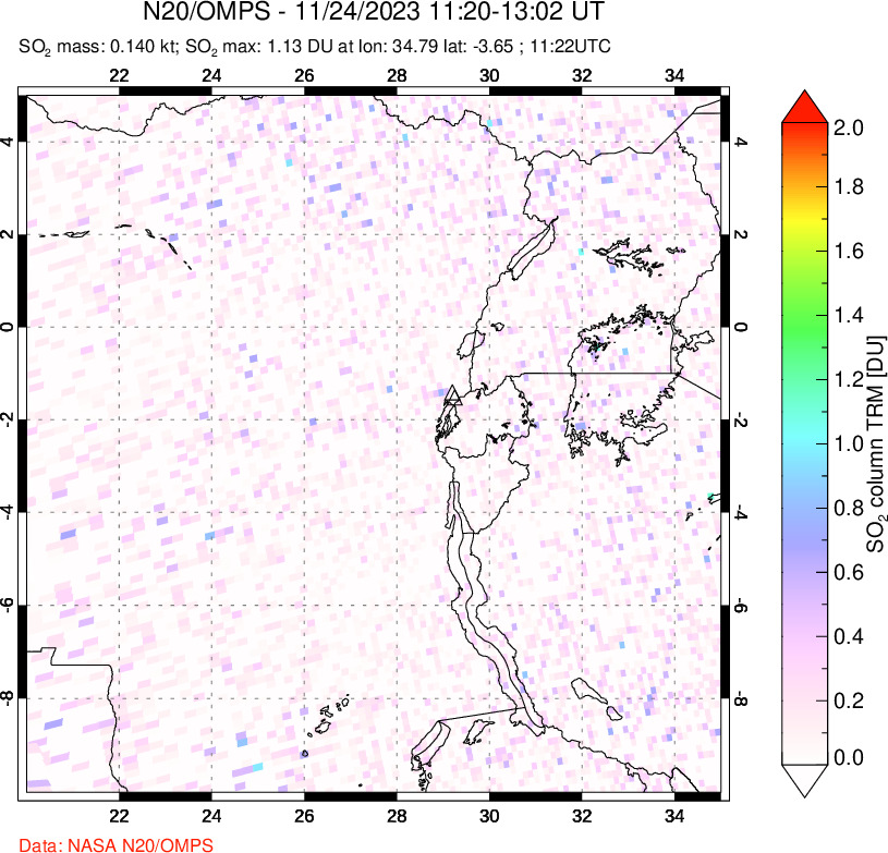 A sulfur dioxide image over Nyiragongo, DR Congo on Nov 24, 2023.