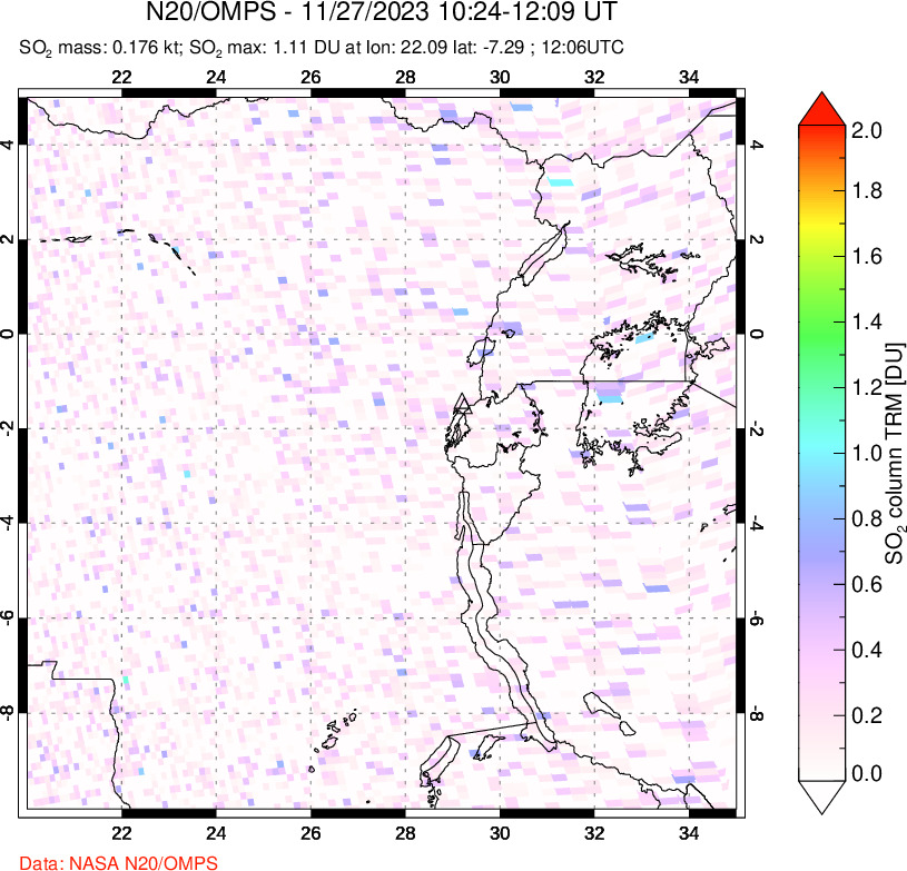 A sulfur dioxide image over Nyiragongo, DR Congo on Nov 27, 2023.