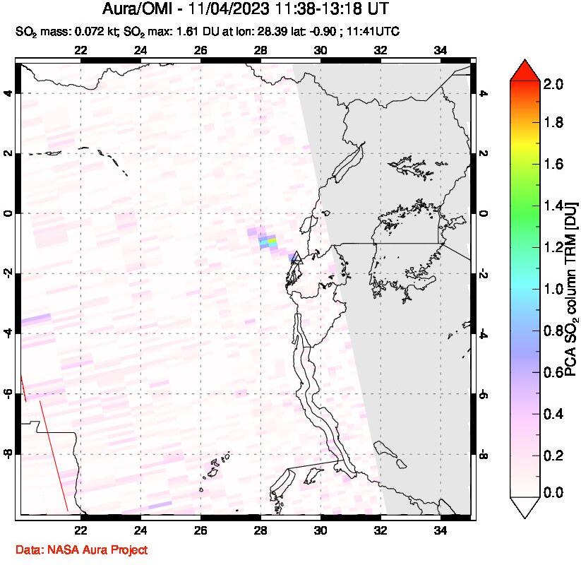 A sulfur dioxide image over Nyiragongo, DR Congo on Nov 04, 2023.