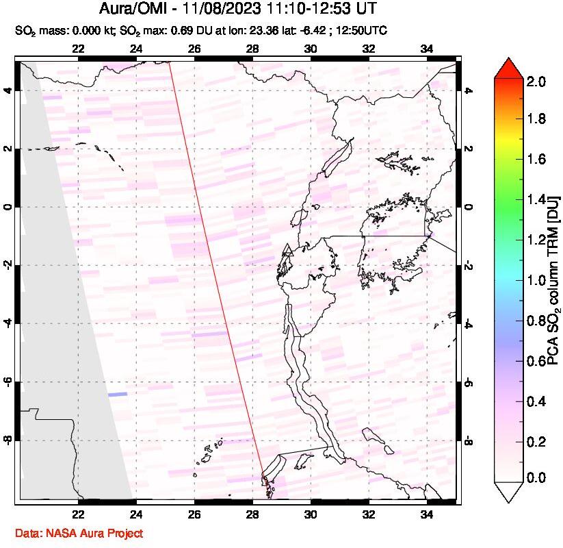 A sulfur dioxide image over Nyiragongo, DR Congo on Nov 08, 2023.