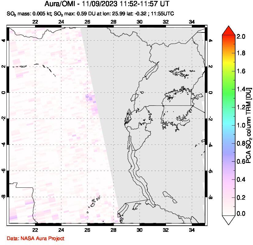 A sulfur dioxide image over Nyiragongo, DR Congo on Nov 09, 2023.