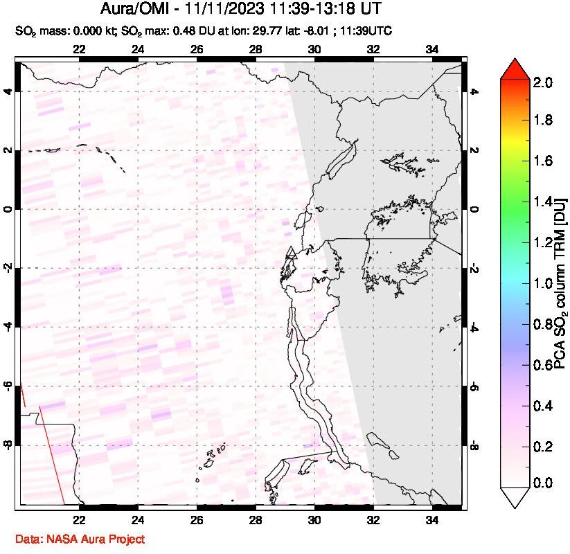 A sulfur dioxide image over Nyiragongo, DR Congo on Nov 11, 2023.