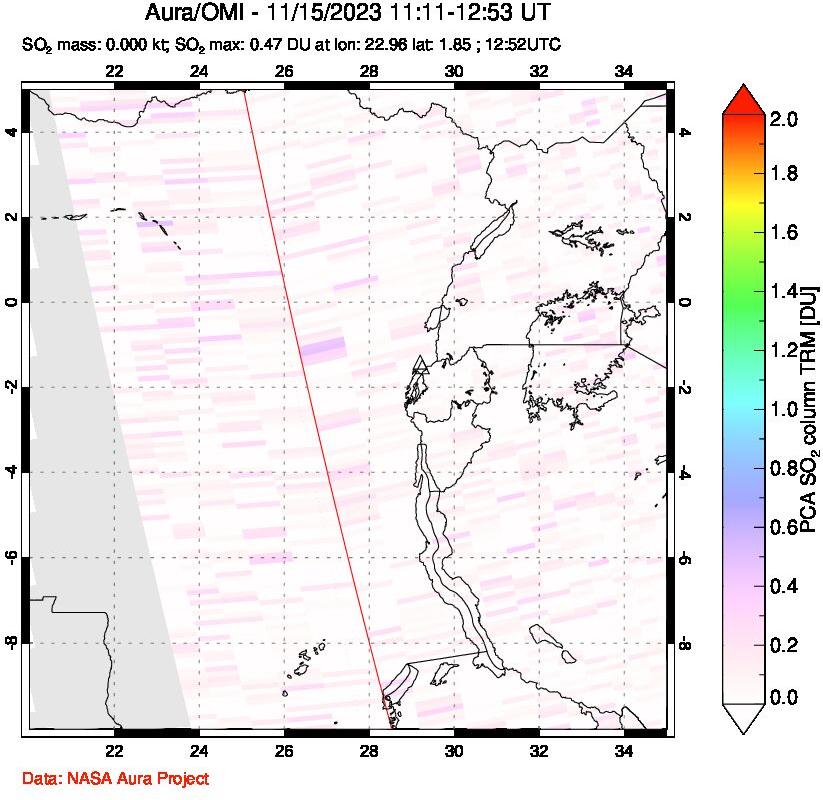 A sulfur dioxide image over Nyiragongo, DR Congo on Nov 15, 2023.