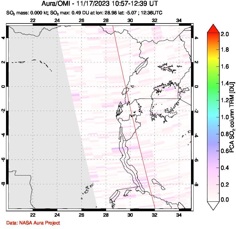 A sulfur dioxide image over Nyiragongo, DR Congo on Nov 17, 2023.