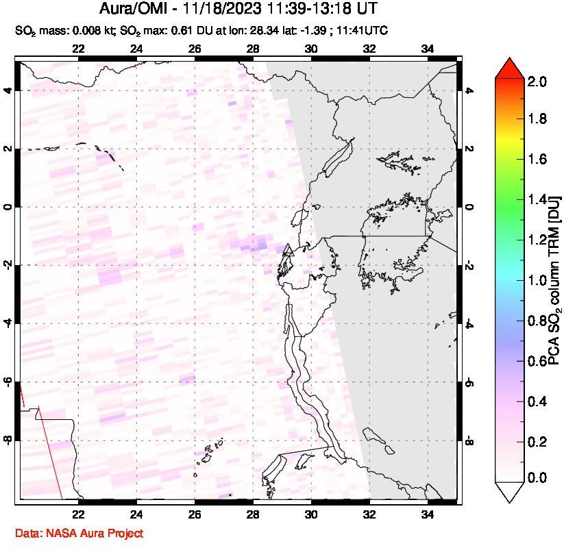 A sulfur dioxide image over Nyiragongo, DR Congo on Nov 18, 2023.