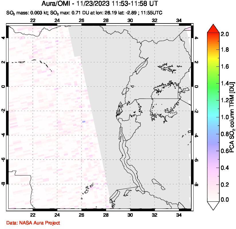 A sulfur dioxide image over Nyiragongo, DR Congo on Nov 23, 2023.