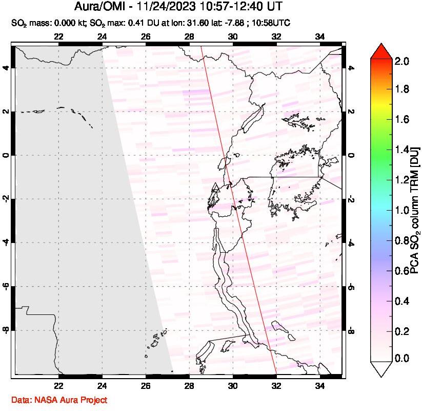 A sulfur dioxide image over Nyiragongo, DR Congo on Nov 24, 2023.