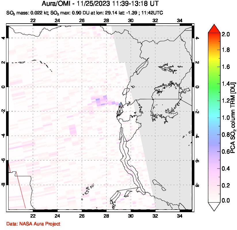 A sulfur dioxide image over Nyiragongo, DR Congo on Nov 25, 2023.