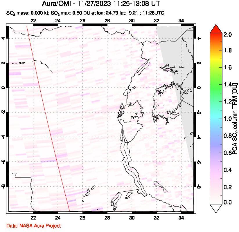 A sulfur dioxide image over Nyiragongo, DR Congo on Nov 27, 2023.