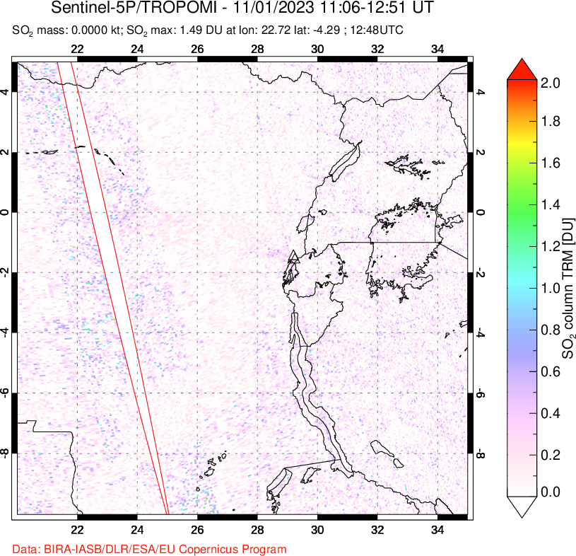 A sulfur dioxide image over Nyiragongo, DR Congo on Nov 01, 2023.