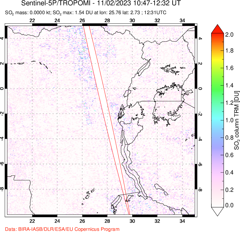 A sulfur dioxide image over Nyiragongo, DR Congo on Nov 02, 2023.